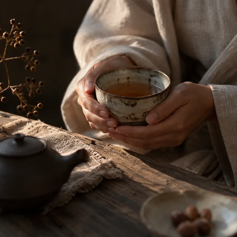 AI-generated still life: hands holding a glowing tea bowl, warm side light over linen and wood textures