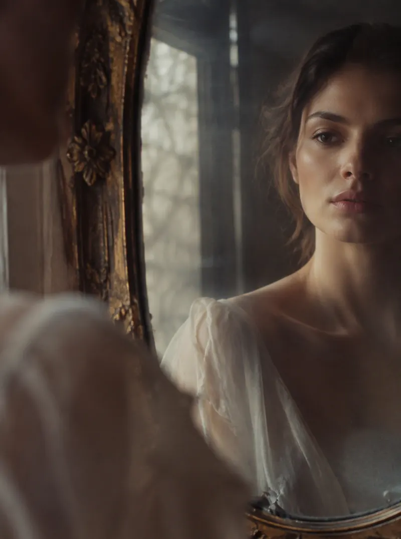 AI-generated beauty study: subject half-reflected in an antique mirror under soft window light